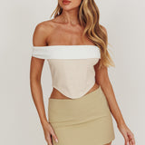 Spill The Tea Off-Shoulder Top Beige/White
