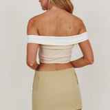Spill The Tea Off-Shoulder Top Beige/White