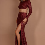 Nights In Monaco Split Sequin Maxi Skirt Burgundy