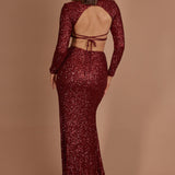 Nights In Monaco Split Sequin Maxi Skirt Burgundy