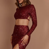 Nights In Monaco Sequin Crop Top Burgundy
