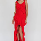 Johannson Ruffle Trim Maxi Dress Red