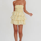 Like Angels Shirred Bodice Ruffle Mini Dress Yellow