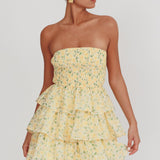 Like Angels Shirred Bodice Ruffle Mini Dress Yellow