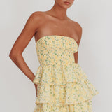 Like Angels Shirred Bodice Ruffle Mini Dress Yellow