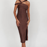 First Impressions One Shoulder Midi Dress Chocolate