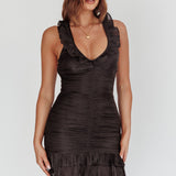 Petrina Ruched Frill Trim Mini Dress Black