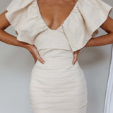 Westside Frill Neckline Pleat Mini Dress Ivory