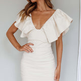 Westside Frill Neckline Pleat Mini Dress Ivory