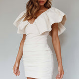 Westside Frill Neckline Pleat Mini Dress Ivory