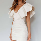 Westside Frill Neckline Pleat Mini Dress Ivory