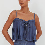 Country Girl Pleated Tie Top Dark Denim