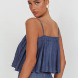 Country Girl Pleated Tie Top Dark Denim