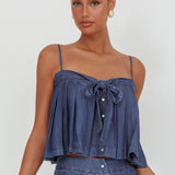 Country Girl Pleated Tie Top Dark Denim