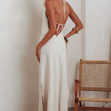 Gracie Halter Tied Back Maxi Dress Oatmeal