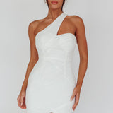 Meridith One Shoulder Accordion Pleat Mini Dress Off White