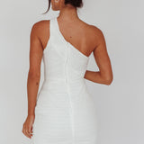 Meridith One Shoulder Accordion Pleat Mini Dress Off White