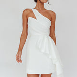 Lilleth One Shoulder Frill Feature Mini Dress White