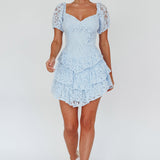 Tayah Tiered Lace Mini Dress Light Blue