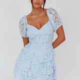 Tayah Tiered Lace Mini Dress Light Blue