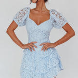 Tayah Tiered Lace Mini Dress Light Blue
