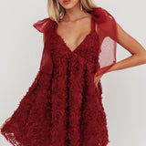Lisette Tied Shoulder Embellished Mini Dress Wine