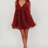 Lisette Tied Shoulder Embellished Mini Dress Wine