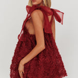 Lisette Tied Shoulder Embellished Mini Dress Wine