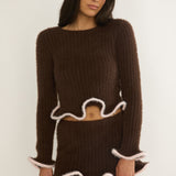 Pailin Lettuce Edge Knit Top Brown
