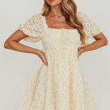 Dandelions Puff Sleeves A-Line Mini Dress Cream