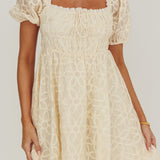 Dandelions Puff Sleeves A-Line Mini Dress Cream