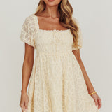 Dandelions Puff Sleeves A-Line Mini Dress Cream