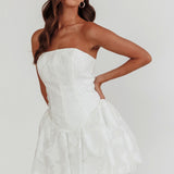 Monti Strapless Bubble Hem Mini Dress Embroidered White