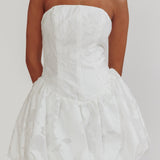 Monti Strapless Bubble Hem Mini Dress Embroidered White