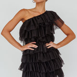 Tomi Layered Frill One-Shoulder Mini Dress Black