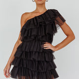 Tomi Layered Frill One-Shoulder Mini Dress Black