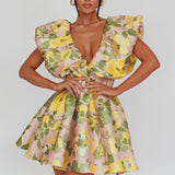 Bennet Puffed Neckline Mini Dress Floral Pink/Yellow