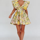 Bennet Puffed Neckline Mini Dress Floral Pink/Yellow