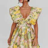Bennet Puffed Neckline Mini Dress Floral Pink/Yellow