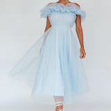 May Rose Off-Shoulder Tulle Midi Dress Light Blue