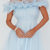 May Rose Off-Shoulder Tulle Midi Dress Light Blue