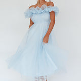 May Rose Off-Shoulder Tulle Midi Dress Light Blue