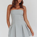 Jeziah Strapless Box Pleat Mini Dress Light Denim