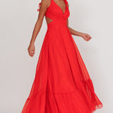 Bellamy Lace-Up Back Ruffle Maxi Dress Red