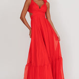 Bellamy Lace-Up Back Ruffle Maxi Dress Red