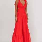Bellamy Lace-Up Back Ruffle Maxi Dress Red