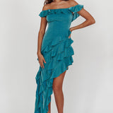 So Into You Off Shoulder Glitter Ruffle Dress Jade
