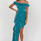 So Into You Off Shoulder Glitter Ruffle Dress Jade