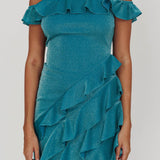 So Into You Off Shoulder Glitter Ruffle Dress Jade
