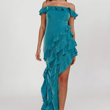 So Into You Off Shoulder Glitter Ruffle Dress Jade